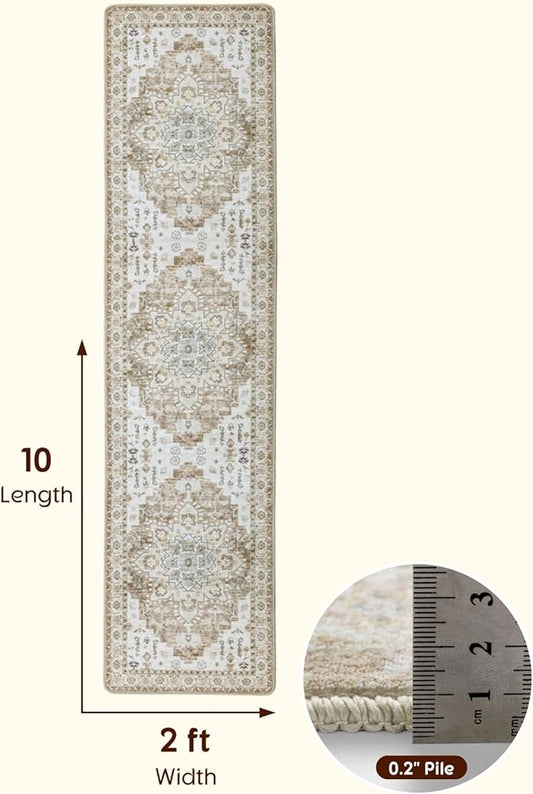 LBRO2M Boho Hallway Rug 2'X10’ Washable Runner Rugs Non Slip Low Piles Rugs Vintage, Soft, Cream Area Rug Runners for Hallways, Bedroom, Kitchen Laundry Room Pattern Print (2'X10', Butter Cream)
