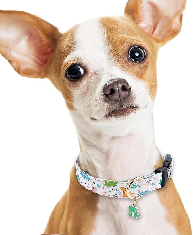 Faygarsle White Dinosaurs Print Cotton Dog Collar for Small, Medium, Large Boys Girls Dogs S