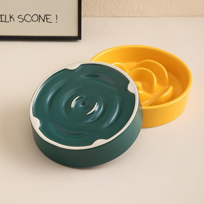 6'' Ceramic Slow Feeder Dog Bowls - Petal Shape Modern Dog Food Dish for Cats and Small Breed Dogs, Puzzle Maze Bowl to Slow Down Eating, Anti-Gulping, Dishwasher & Microwave Safe, Green