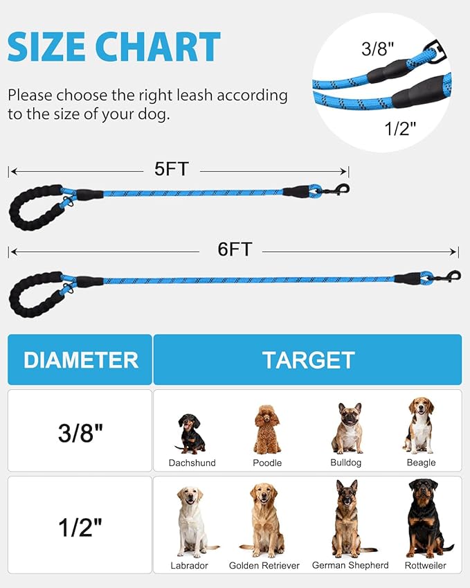 Joytale Dog Leash for Small Dogs, Heavy Duty Nylon Leashes with Comfortable Padded Handle and Highly Reflective Threads, Ideal for Walking and Training, SkyBlue, 6'횞3/8''