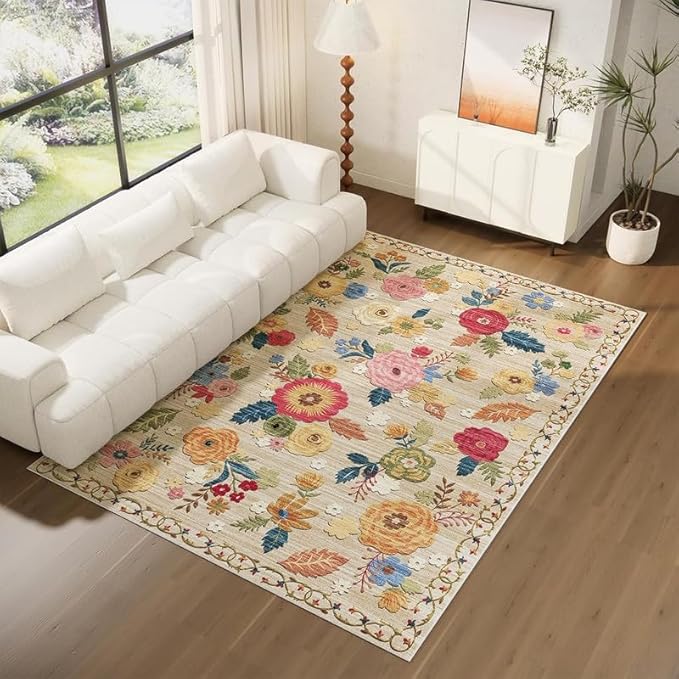 Washable Area Rugs for Living Room: 6x9 Area Rug for Bedroom Vintage Floral Large Rug Stain Resistant Non Slip Low Pile Faux Wool Soft Rugs for Entryway Dining Room Bedside Kitchen Nursery