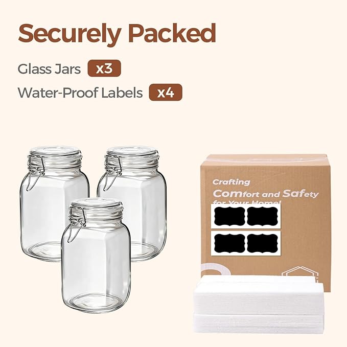 ComSaf Airtight Glass Canister Set of 3 with Lids 51oz Clear Food Storage Jars Square, Kitchen & Pantry Organization Food Storage Container for Canning, Sugar, Flour, Pasta, Candy, Cereal, Coffee