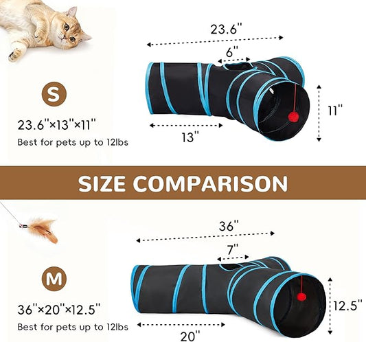 Tempcore Pet Tunnel Tube Cat Toys 3 Way Collapsible, Cat Tunnels for Indoor Cats,Kitty Tunnel Bored Cat Pet Toys Peek Hole Toy Ball, Puppy, Kitty, Kitten, Rabbit Blue Large Size
