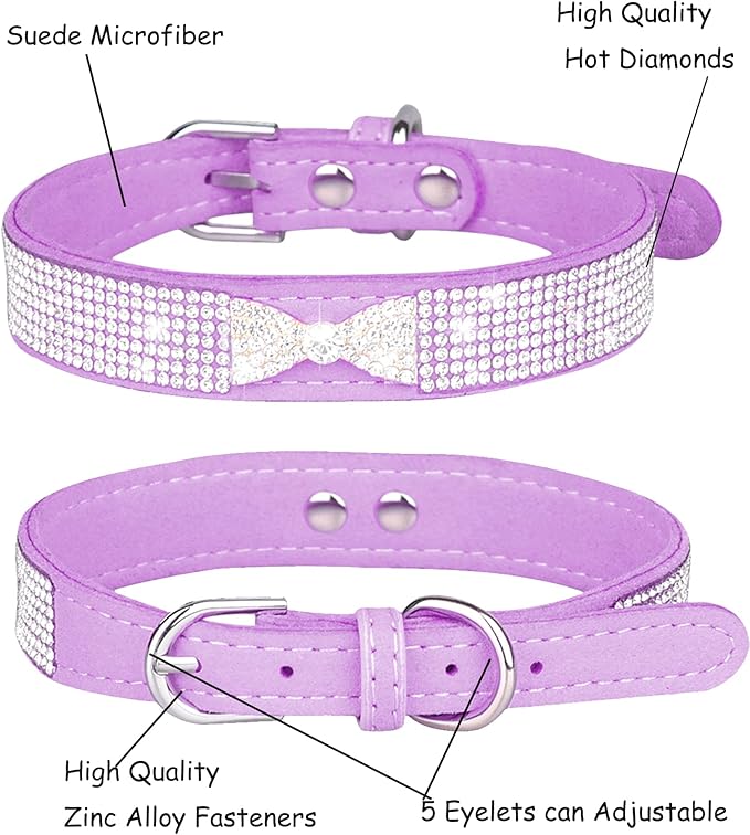 Bling Dog Collar for Small Medium Large Dogs, Crown Rhinestone Dog Collars for Girl and boy Dog, Diamond Puppy Collars, Adjustable Leather Suede SOFE Cat Collar (XS(8.2"-10.6"/21CM-27CM), Purple2)