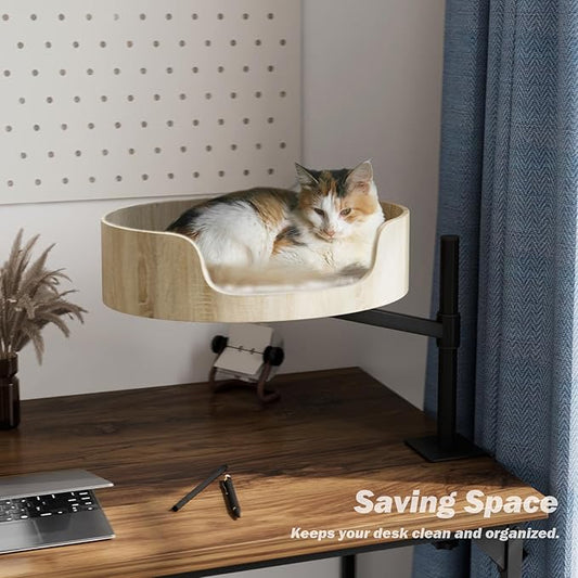 cat Desk Bed,Wood Elevated Large cat Bed for Desk Mount,Space-Saving 360°Rotating & Adjustable Shelf Elevated Desk clamp pet Bed