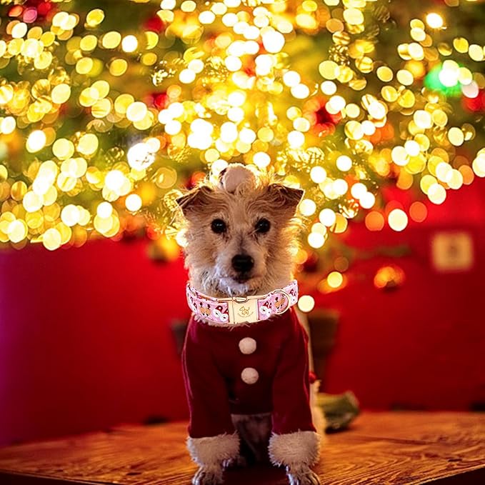 Elegant little tail Christmas Dog Collar, Pink Deer Print Pet Collar Dog Durable Cute Dog Collars Winter Holiday Male or Female Pet Gift Adjustable Dog Collar for Large Dogs