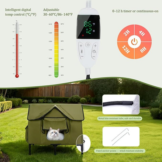 Ownpets X-Large Heated Cat House for Outside, with Timer Temperature Control Heating Pad, Waterproof Insulated Outdoor Elevated Cat Shelter for Multiple Feral Cats in Winter, with Escape Door