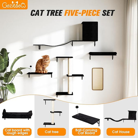 COZIWOW Cat Wall Shelves Set, 5-Piece Wall Mounted Cat Furniture with Cat Tree & Scratching Post, Floating Cat Perches for Indoor Cats(Black)