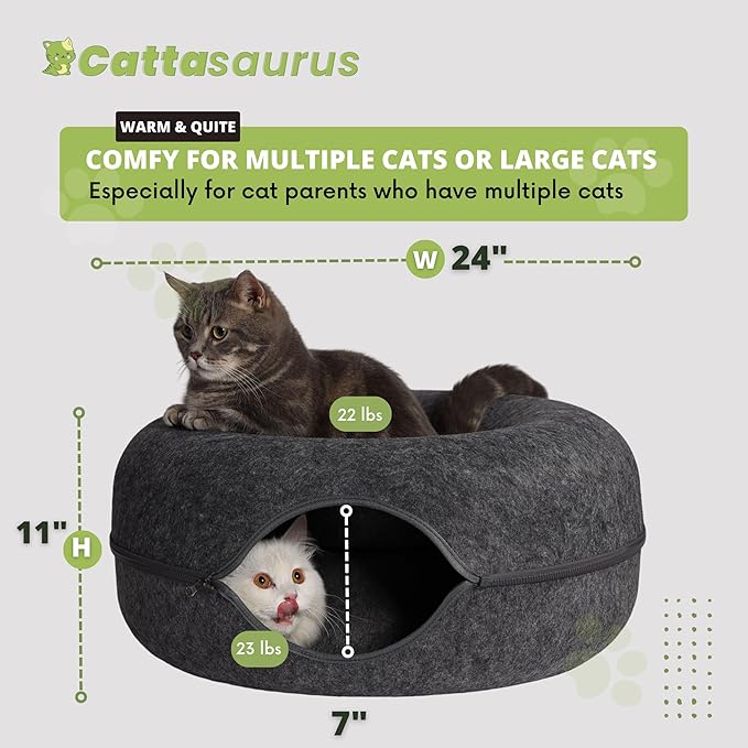 Cattasaurus Peekaboo Cat Cave Donut for Multiple & Large Cats up to 30-45 lbs, 3-in-1 Self Warming Cat Bed, Tunnel & Scratcher for Indoor Cats, Washable & Detachable (Dark Gray + Dark Gray, Large)
