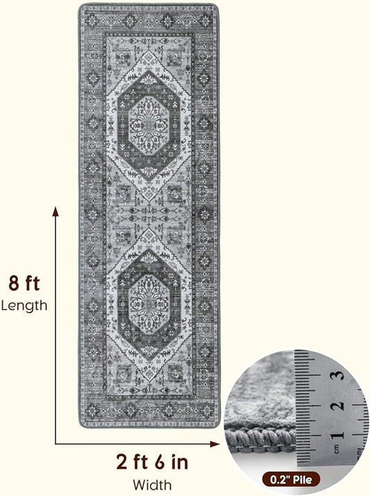 LBRO2M Boho Washable Runner Rug 2'6“X8’ Washable Hallway Runner Rugs Dark Gray Non Slip Low Piles Rugs, Soft, Area Rug Runners for Hallways, Bedroom, Kitchen Laundry Room (2'6"X8', Deep Gray)