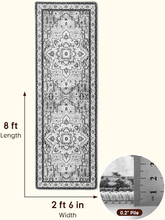 LBRO2M Boho Washable Runner Rug 2'6“X8’ Gray Washable Hallway Runner Rugs Non Slip Low Piles Rugs, Soft, Area Rug Runners for Hallways, Bedroom, Kitchen Laundry Room (2'6"X8', Light Gray)