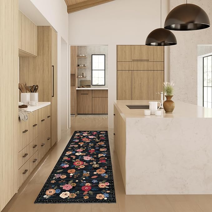 Machine Washable Runner Rug for Hallway: 2'6"x8' Kitchen Runner Rugs with Rubber Backing Non Slip Stain Resistant Floral Floor Rug Soft Carpet Runners for Indoor Entryway Bedroom Bedside Living Room