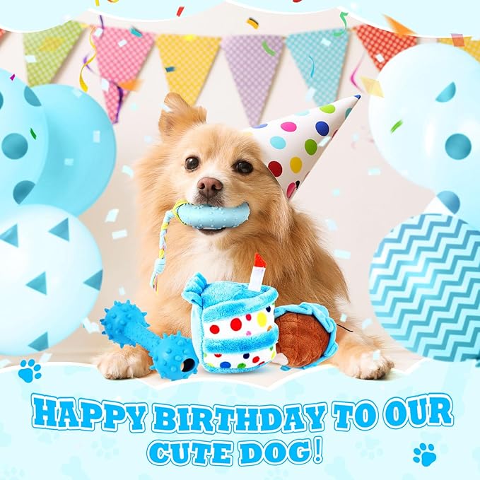11 Pcs Dog Birthday Toy Gift for Dog Birthday Cake Puppy Girl Boy Squeak Toys Interactive Puppy Gift with Box for Small Medium Size(Classic,Blue)