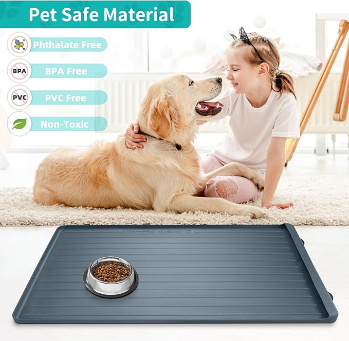Dog Mat for Food and Water - 39.4" x 27" Large Pet Feeding Mats with Residue Collection Pocket - Waterproof Dog Cat Bowl Mat with High Edges to Prevent Water and Food Spills (Dark Grey)