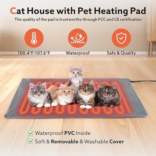 SIWA MARY Heated Cat House for Outside in Winter, Weatherproof Outdoor Cat House with Cat Heating Pad, Waterproof &Safe Escape Door, Insulated Cat Shelter with Heater for Feral Barn Cats Kitty