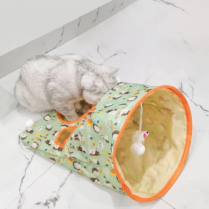 Andiker Cat Tunnel Bags for Indoor Cats, 13x17x12In Foldable Cat Crinkle Bag with 3 White Plush Balls and 1 Mouse 5 Holes for Kitten to Hide and Catch 3 Layers Cat Toy (Hedgehog)