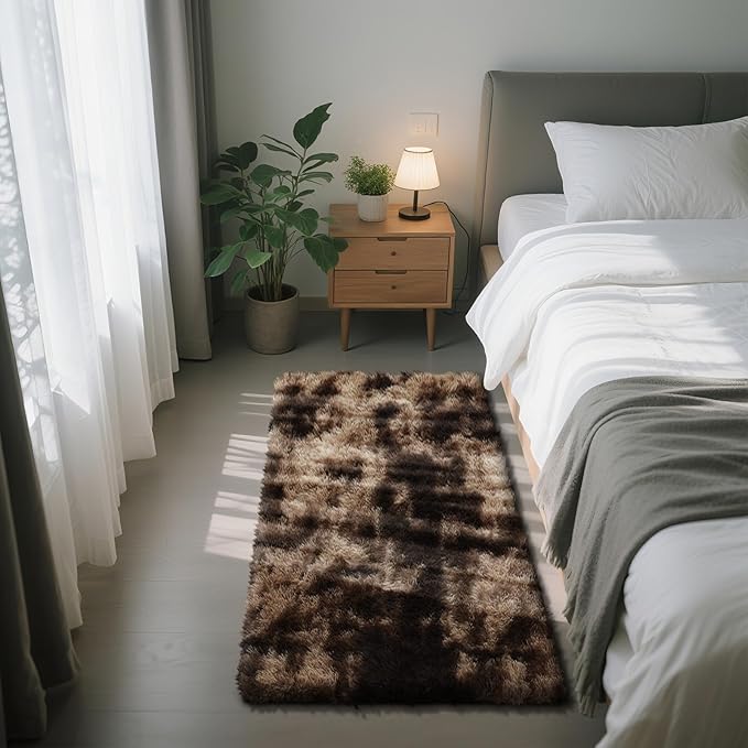 Soft Runner Rugs for Bedroom, Mottling Brown 2x6 Area Rugs Fluffy Rug Shaggy Area Rug Carpet, Bedside Rug for Living Room Bedroom Kids Room Home Decor