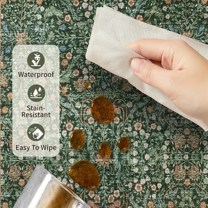 4x6 Area Rugs for Living Room Bedroom, Large Washable Rug, Green Vintage Floral Boho Rug, Non Slip & Low Pile Wool Accent Carpet for Indoor Dining Room, Kids Room and Office(Green 4x6ft)