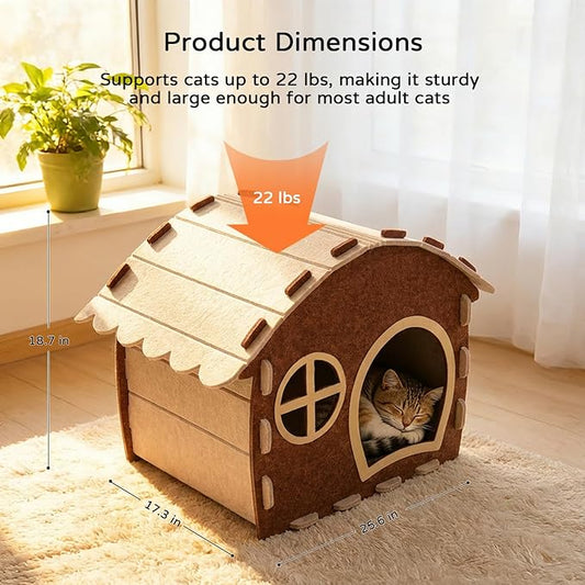 Cat Houses for Indoor Cats, Felt Cat House Cave Hideway, Foldable Cat Condos Type Cats Beds Playhouse for Large Cat Up to 22 lbs, 25.6x18.7x17.3 inch (Coffee Brown)
