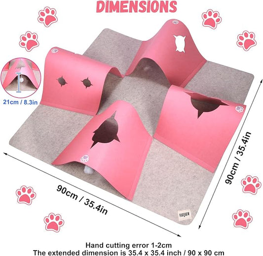 Interactive Cat Tunnel Mat for Indoor Cats, 4-Way Felt Cat Cave with Hanging Ball, Foldable Kitty Play Mat and Hideout, Pet Enrichment Toy for Kittens Rabbits Small Pets, Pink