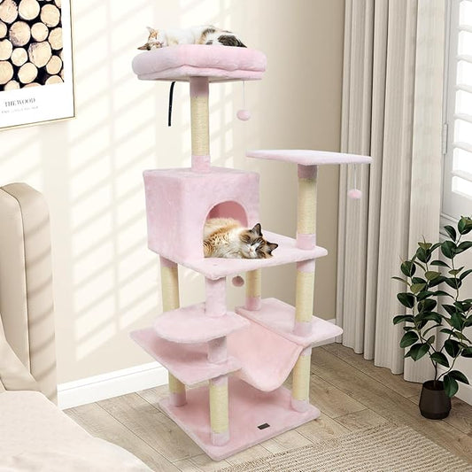 PETSITE Multi-Level Cat Tree, 58 Inches Tall with Sisal Scratching Posts, Condo, Hammock, Dangling Balls, Jumping Platforms, and Cozy Top Perch, Ideal for Indoor Cats to Play and Rest (Pink)