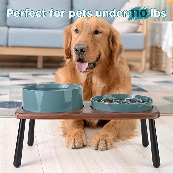 SPUNKYJUNKY Ceramic Elevated Dog Bowls with Slow Feeder Raised Acacia Bamboo Wooden Stand, 8.3'' Dog Food Water Bowls Set Non-Slip for Medium Large Sized Breed Microwave Dishwasher Safe - Dark Green