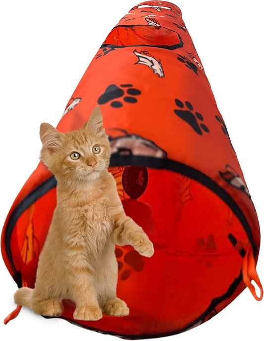 NFL Denver Broncos Cat Tunnel Tube Toy with Plush Football Catnip and Feathers Collapsible Tunnel for Cats to Play, Peek and Hide, Sporty & Fun Cat Tunnel Toy with Team Logo All-Over Design!