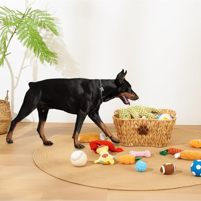 FairyHaus Wicker Dog Toy Basket Organizer, Large Bone Shape Bin with Dog Paw Decor, Natural Water Hyacinth Box for Pet Chew Toys, Blankets, Treats