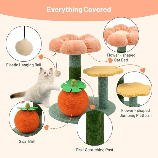 Sisal Cat Scratcher for Indoor Cat Kitten Sugar Ball Scratching Post with Hanging Ball,Solid Wooden 2 Level Track,Interactive Toy