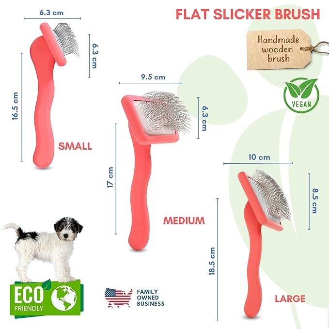 Pet Slicker Brush With Soft Massage Grooming Stainless Steel Pins - For Dematting, Shedding Fur, and Undercoat - Ideal Gift for Professional Pet Groomers - Long Slicker Brush (Coral, Flat Small)