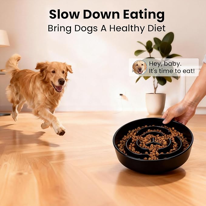 Ceramic Slow Feeder Dog Bowls,2.0 Cups Slow Feeder for Medium Large Breed,Puzzle Dog Food Bowl to Slow Down Eating, Anti-Gulping, Stop Bloat,Preventing Choking,Anti-Slip,8in,Black