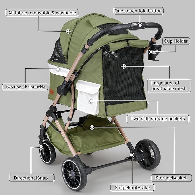 EchoSmile Small Medium Dogs Stroller 4-Wheel Pet Strollers for Medium Dogs Up to 50lbs, One Click Folding Large Cat Stroller, Reversible Handle, Shock Absorbing Wheels, Removable Washable Pad, Green