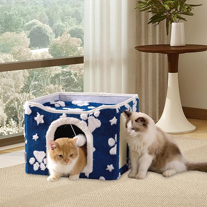 Cat Houses for Indoor Cats, Cute Cat Cave with Fluffy Ball Hanging and Scratch Pad, Foldable Kitten Condo Hideaway, 17x17x13 inches, Navy Paw