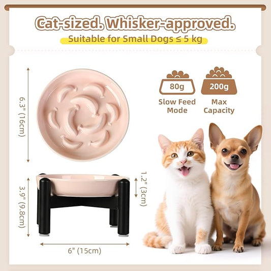 Elevated Slow Feeder Cat Bowl - Ceramic Cat Food Dish with Anti-Slip Stainless Steel Stand - Raised Maze Plate for Slow Eating - Light Pink