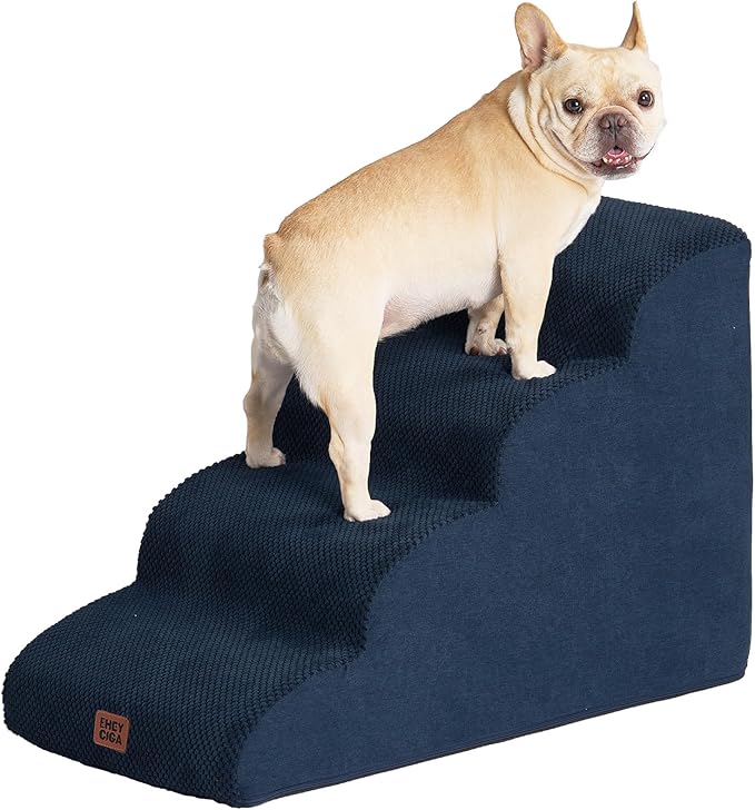 EHEYCIGA Curved Dog Stairs Ramp for High Beds 19.7" H, 4-Step Dog Steps for Small Dogs and Cats, Pet Stairs for High Bed Climbing, Non-Slip Balanced Pet Step Indoor, Navy