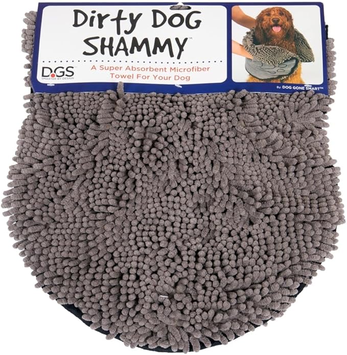 Dog Gone Smart The Dirty Dog Shammy - Fast Drying Plush Shammy Towel with Dual Hand Pockets and Elastic - Super Absorbent Microfiber and Machine Washable - 31×13 in, Grey