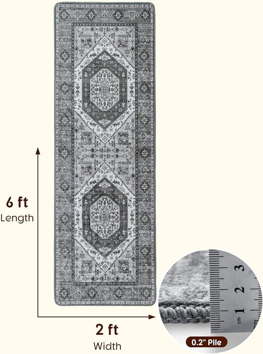 LBRO2M Boho Runner Rug 2X6 Hallway Rug Non Slip Washable Runners for Hallways, Bedroom, Kitchen Laundry Room Pet Friendly Area Rugs (2X6, Dark Gray)