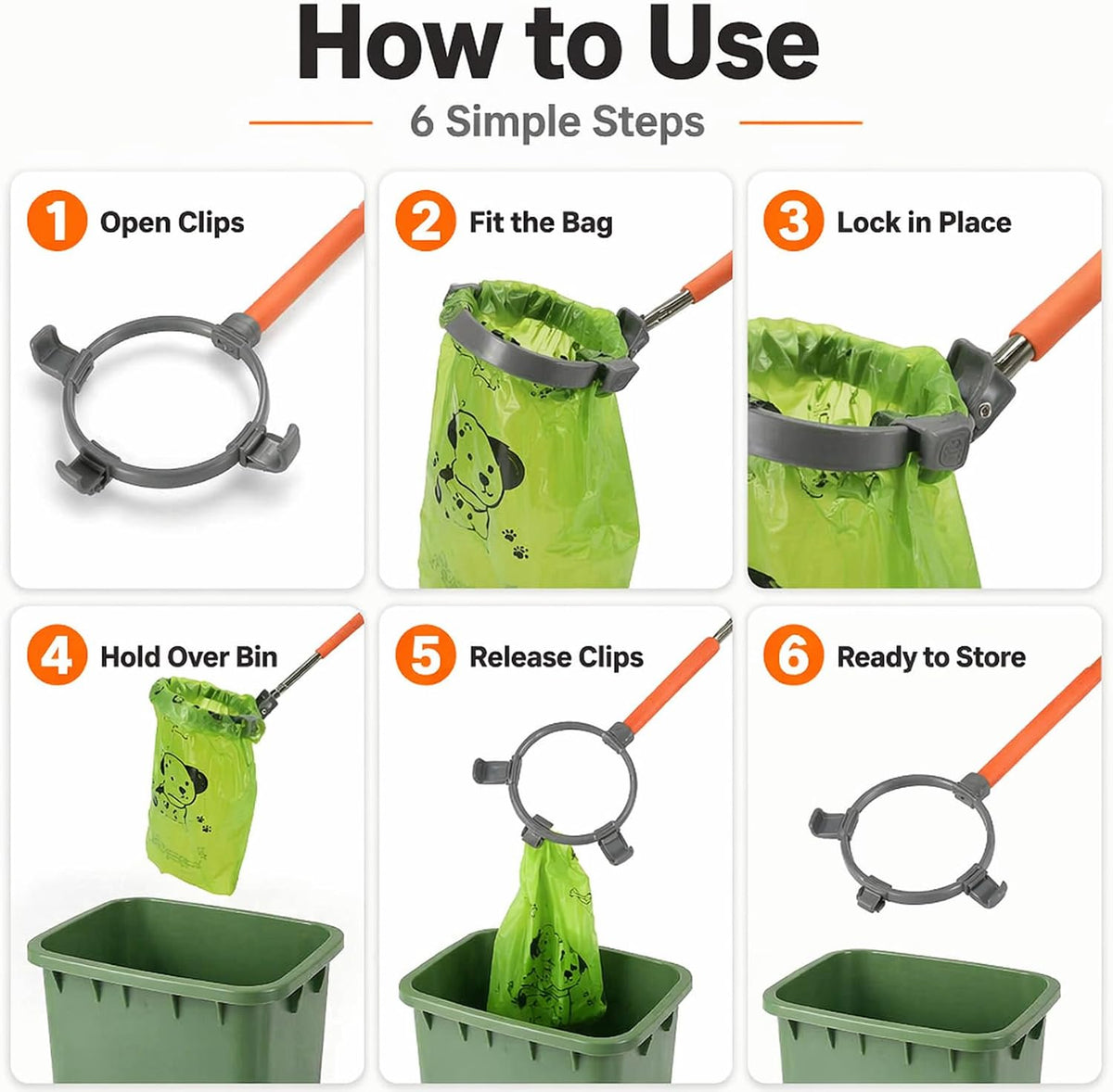 Dog Pooper Scooper with Bags, 47" Long Handle Dog Waste Picker Telescoping No-Bend Pet Pooper Scooper with Bag-Securing Tabs, Portable Dog Waste Picker for Yard, Walks & Travel