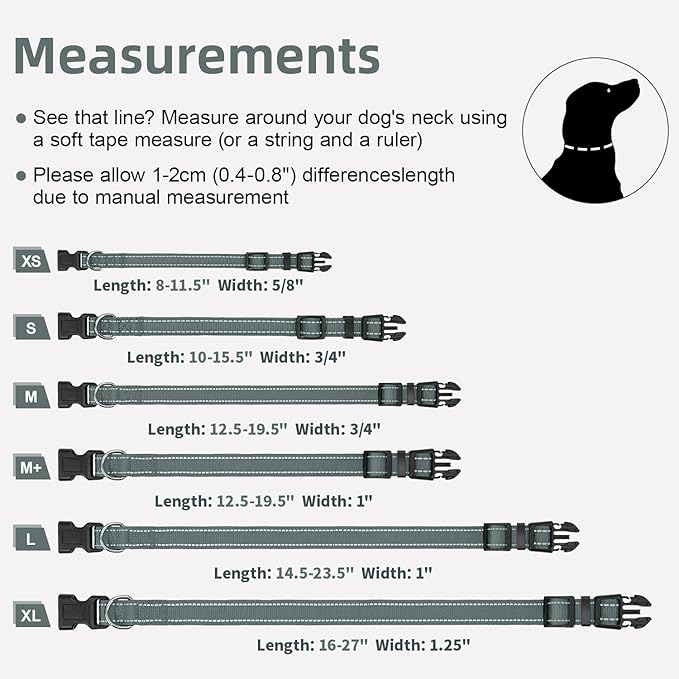 Soft Reflective Dog Collar for Extra Small Dogs, Lightweight Adjustable Puppy Collar with Neoprene Padding, Gentle Nylon for Chihuahua Yorkie,Grey,XS