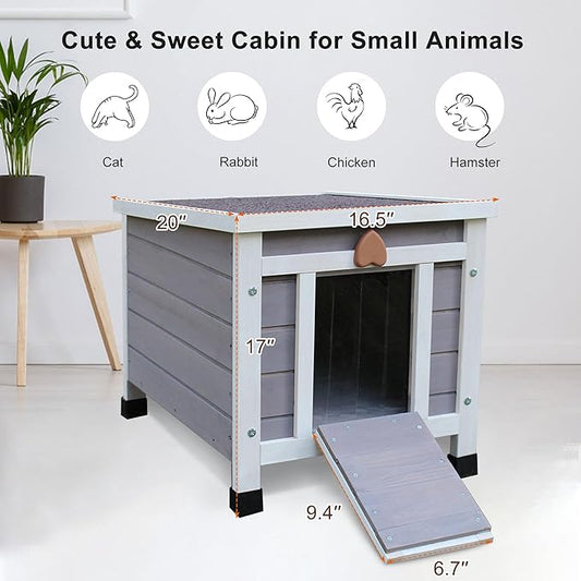 Rockever Outdoor Cat House with Soft Mat, Waterproof cat House for Feral Cats Rabbit Hutch Small, Wooden Small Pet House and Habitats-Grey with Mat