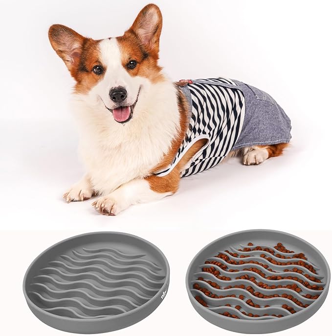 Slow Feeder Dog Bowls, Silicone Food Bowl Anti-Gulping, Pets Puppy Slow Feeder with Suction Cups, Dishwasher Microwave Safe for All Small Medium Dogs, Wave Design Grey