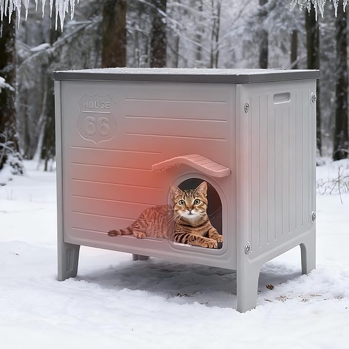 Rockever 100% Insulated Outdoor Cat House with Insulated Liner for Winter, Waterproof Feral Cat House for Outdoor Cats, Plastic Cat House for Outdoor Use with Escape Door, Clean Easily(L,Grey&Liner)