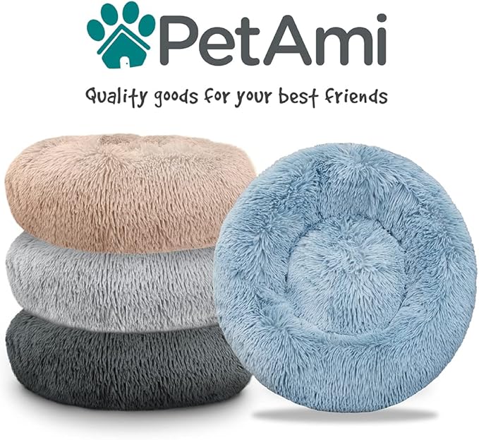 PetAmi Calming Dog Bed for Small & Medium Dogs and Cats, 30 Round Donut Dog Bed, Washable Fluffy Faux Fur Puppy & Cat Bed, Anti-Anxiety Plush Cuddler Pet Bed with Anti-Slip Bottom - Dark Gray