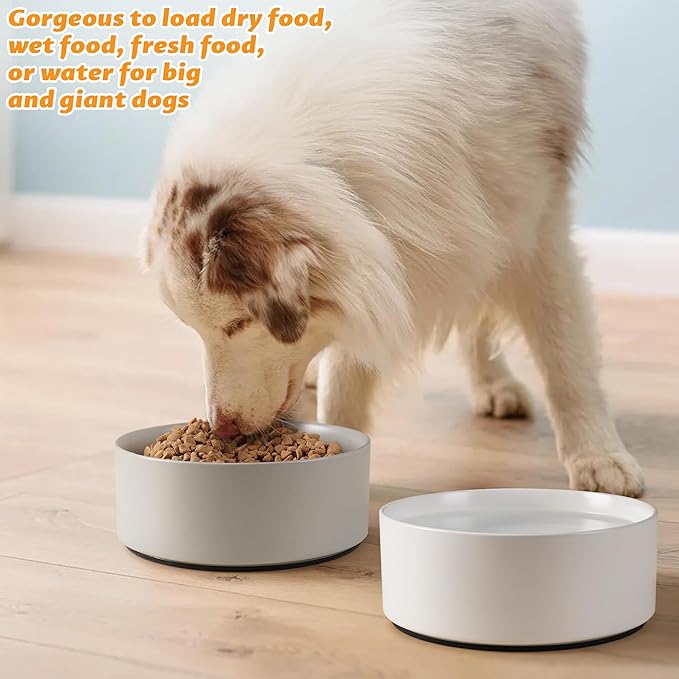 Large Dog Bowls, Non Slip Heavy Ceramic Dog Food and Water Bowl with Silicone Base, 8" Pet Feeding Bowl for Small, Medium, and Big Dogs (Grey, 8 Inches)