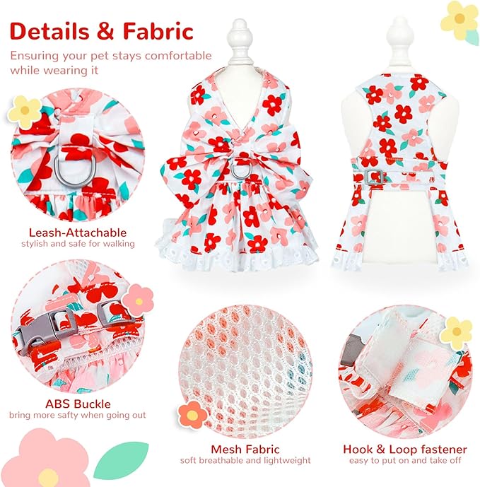 Cute Floral Dog Harness Dress and Leash Set for Small Dogs Cats Girl Puppy Bowknot Princess Birthday Dress Summer Female Pet Small Dog Clothes Lace Doggie Kitten Outfits Apparel(Red,XS)