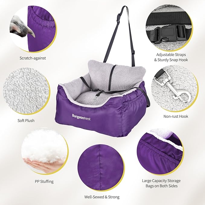BurgeonNest Dog Car Seat for Small Dogs, Fully Detachable and Washable Cat Carseats Under 25 lbs, Soft Pet Booster Seats with Storage Pockets Clip-On Leash Portable Travel Carrier Bed, Purple