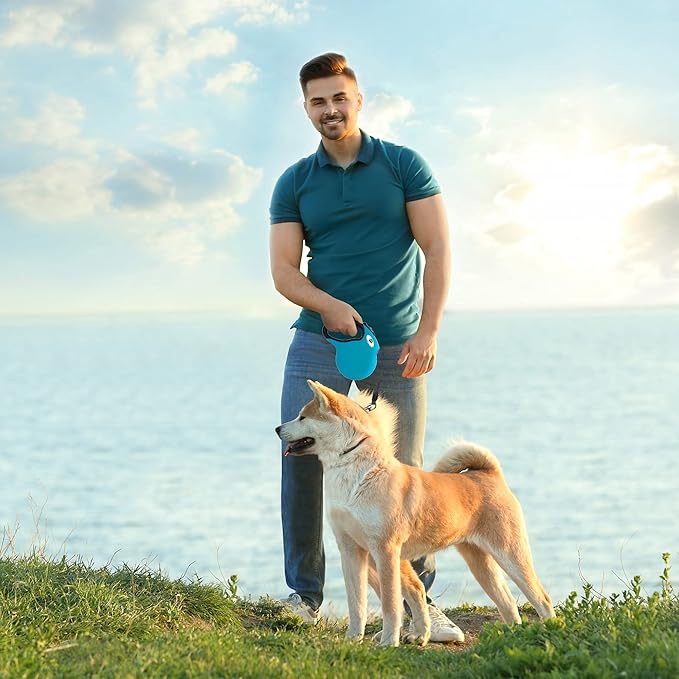 16ft Retractable Dog Leash for Large Breed Dogs up to 110 lbs with a Detachable Chew Proof Extender Wire Ropes (Blue L)