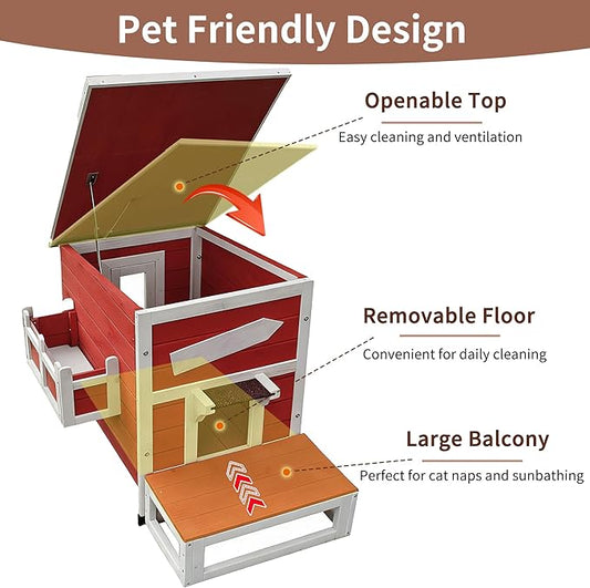 Rockever Outdoor Cat House, Large Outdoor Houses for Feral Cats Wooden Outside Cat Shelter Weatherproof with Escape Door-Red