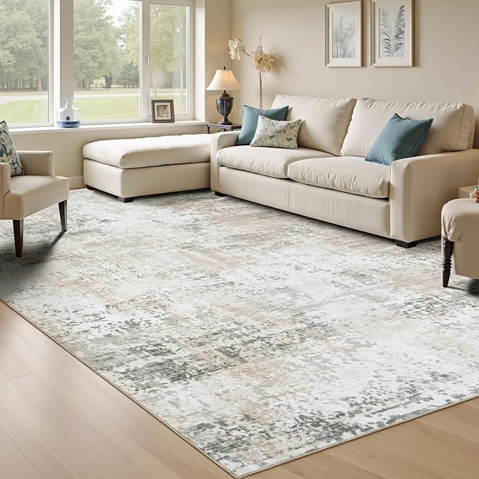 8x10 Rugs for Living Room, Neutral Large Abstract Area Rug, Non-Slip Machine Washable Carpet, Bedroom Dining Room Modern Decor, Soft Low Pile Kids Pet Friendly Cream Beige