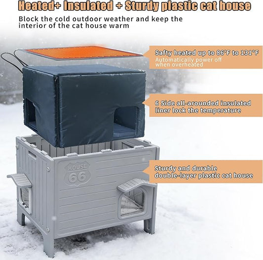Heated Cat House for Outside with Insulated Liner,Outdoor Cat House Weatherproof,Plastic,Easy to Assemble Easy to Clean